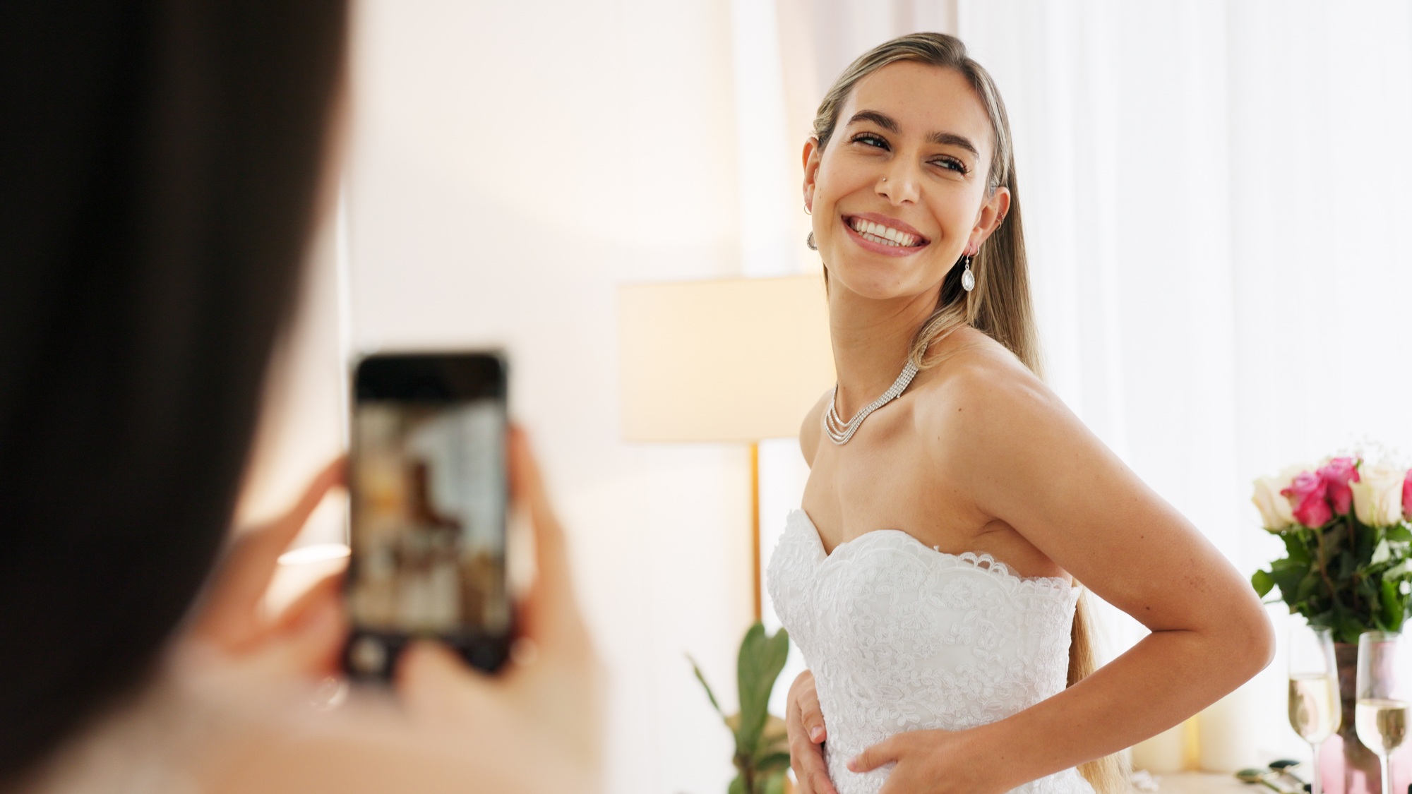 Smartphone photography of woman with wedding jewelry for luxury, fashion and wealth with smile port