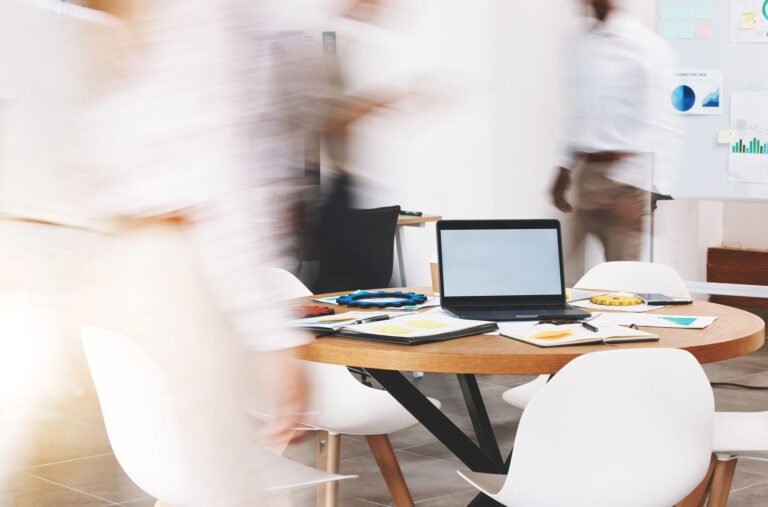 Laptop mockup, busy office and blurred background marketing agency, startup company and fast workpl