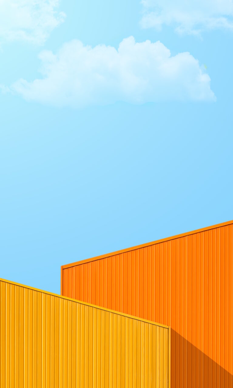 Yellow, Red box containers cargo transportation logistics against blue sky white clouds vertical