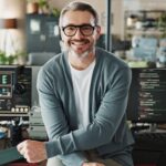 Classement des meilleures agences Magento pour votre projet e-commerce Happy man, coder and glasses in office for portrait, website development and software engineering o