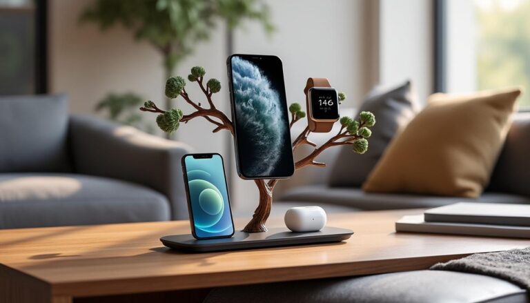 découvrez cet arbre de charge sans fil, l'accessoire indispensable pour les fans d'apple : rechargez simultanément votre iphone, apple watch et airpods avec élégance et praticité. un must-have pour un bureau organisé et moderne !