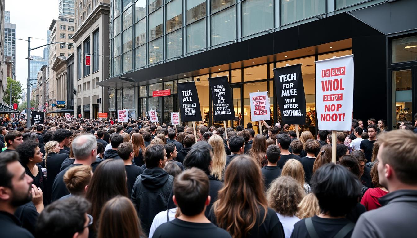 des dizaines de manifestants rassemblés devant un magasin apple à portland dénoncent la suppression de l'application d'alerte ice, exprimant leur mécontentement face à cette décision.