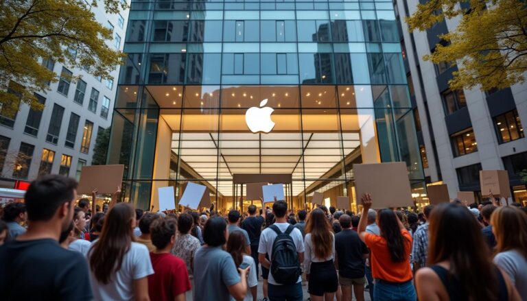 Des dizaines de manifestants dénoncent la suppression par Apple de l’application d’alerte ICE devant un magasin du centre-ville de Portland des dizaines de manifestants se rassemblent devant un magasin apple à portland pour dénoncer la suppression de l'application d'alerte ice, exprimant leur mécontentement face à cette décision.