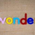 Colorful felt letters spelling 'wonder' on burlap background, perfect for creative designs.