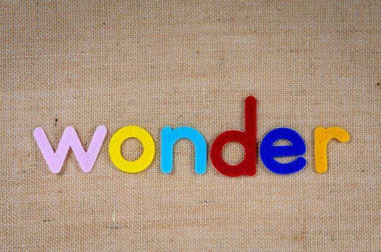 Colorful felt letters spelling 'wonder' on burlap background, perfect for creative designs.