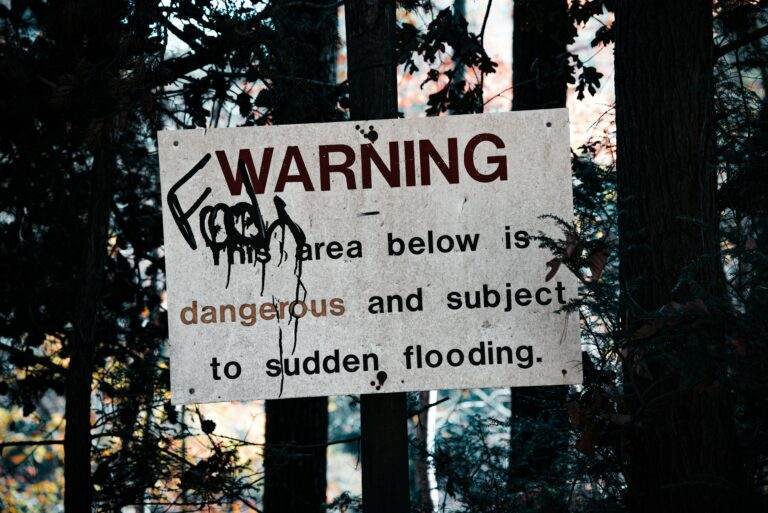 A warning sign about sudden flooding amid a forest setting, emphasizing caution.