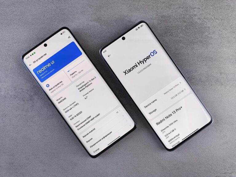 Comparison of two smartphones showing Realme UI and Xiaomi HyperOS interfaces on their screens.