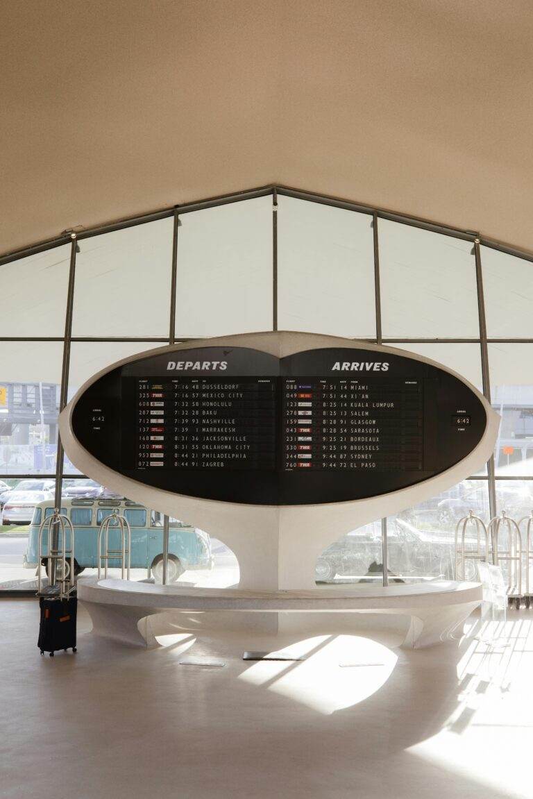 Futuristic departure and arrival board at JFK Terminal in New York City, USA.