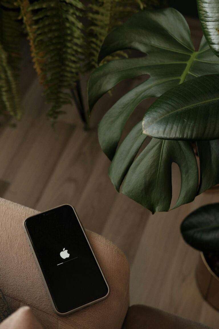 Smartphone displaying logo on couch beside green houseplants.