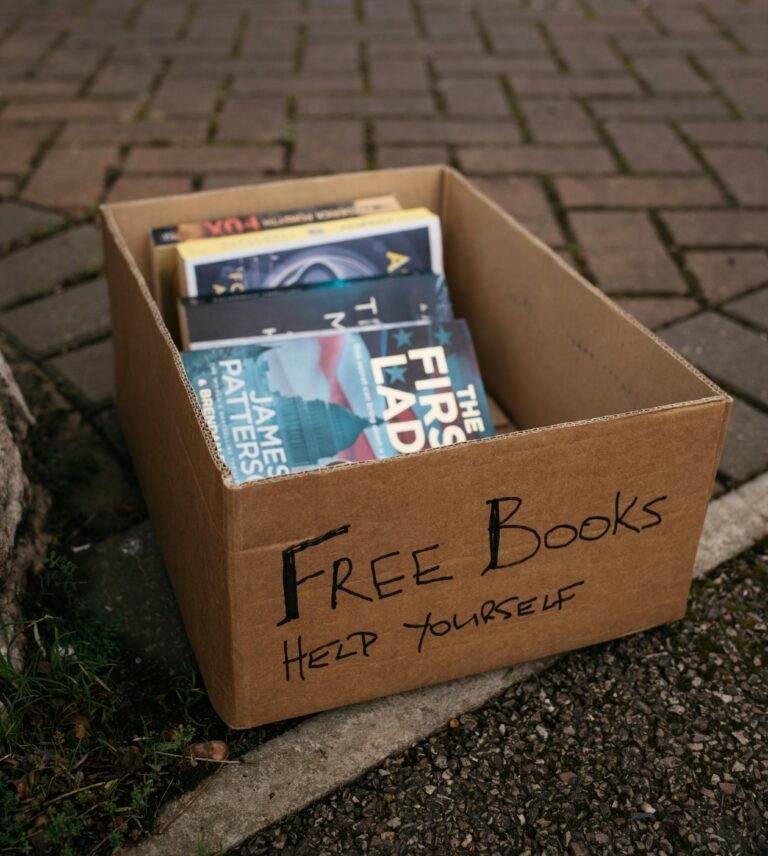 A cardboard box filled with free books on a street corner, inviting passersby to take one.