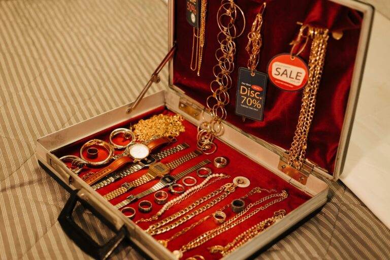 Close-up of a jewelry case with discounts on gold accessories and watches.