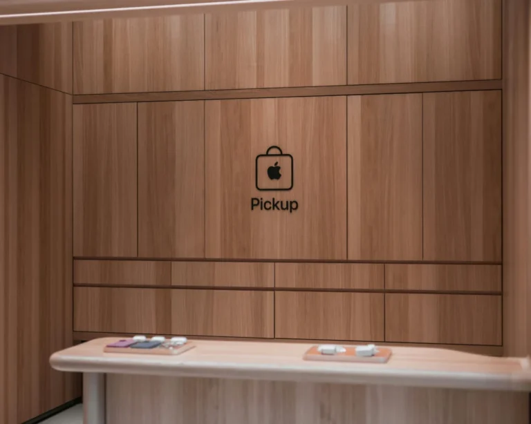 Modern Apple store pickup counter featuring a sleek wooden interior design