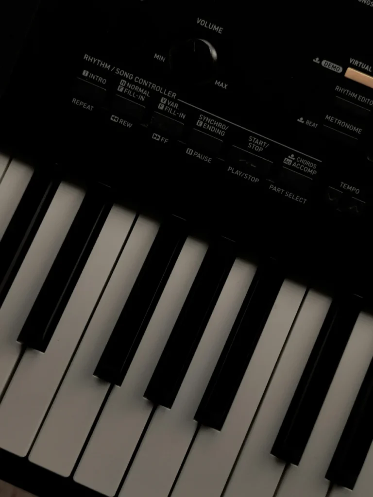 Detailed close-up of an electric piano keyboard and control panel, showcasing musical equipment intricacies.