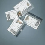 Four medical ID badges of doctors arranged on a blue surface, showcasing healthcare roles.