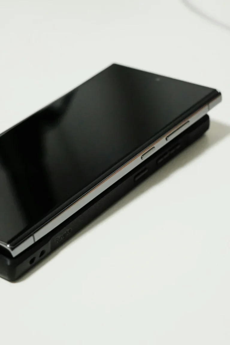 Image of a sleek foldable smartphone with a glossy, reflective surface on a plain background.