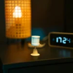 A smart home nightstand featuring a motion sensor, digital clock, and warm-toned lamp, creating a cozy ambiance.