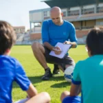 Coach inspiring young players during soccer practice at a Portuguese stadium.