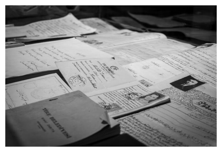 A collection of historical documents and identity papers displayed in Istanbul, Türkiye.