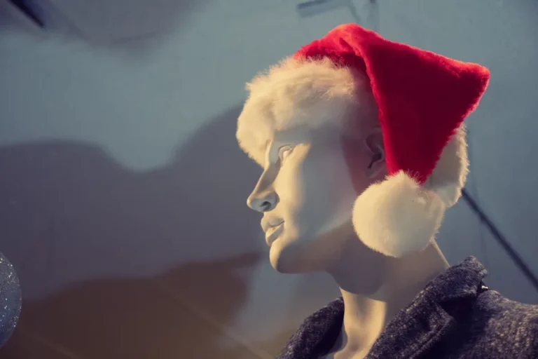 ICEBlock retirée en octobre 2025 : les pères Noël mettent Apple sous pression A mannequin dressed in a Santa hat in an indoor store window display, capturing a festive winter theme.