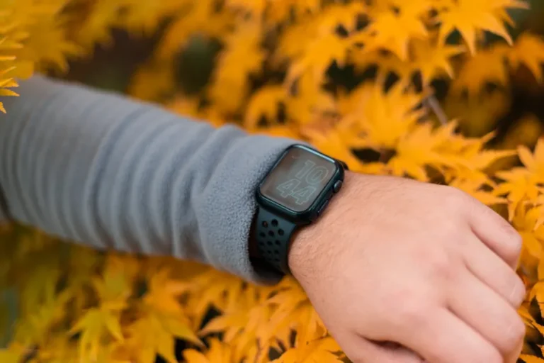Apple Watch à 129 dollars au Black Friday 2025 : quel modèle choisir? Close-up of a smartwatch on a wrist surrounded by vibrant autumn leaves.