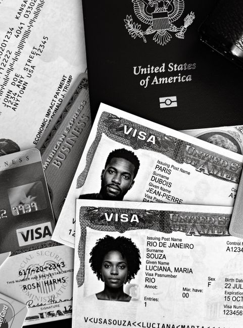 Close-up of US passport and visa documents with personal IDs and credit cards.