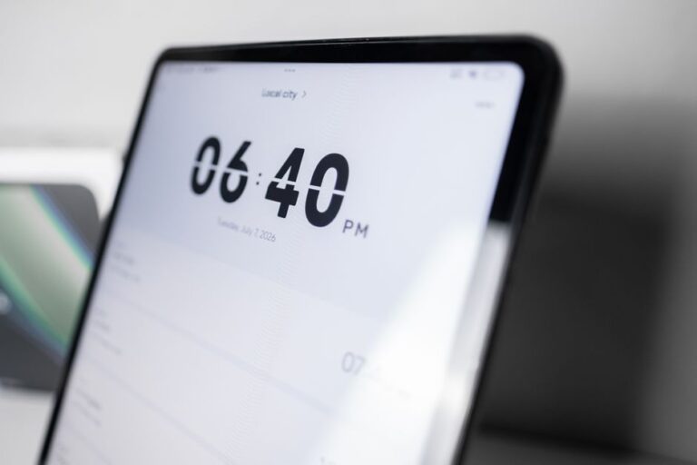iPad mini OLED : fin octobre 2026 et 60 Hz, le compromis se précise Close-up view of a digital clock display on a tablet showing 6:40 PM in a sleek modern design.