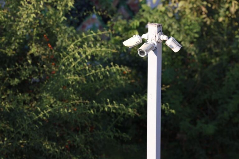 Aqara G5 Pro en 2025 : la caméra Apple Home qui sort du jardin clos Cluster of surveillance cameras mounted outdoors amidst green foliage for public safety.