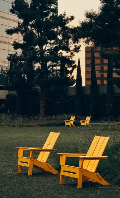 Outdoor park scene in Santa Clara, CA with modern yellow armchairs and lush trees.
