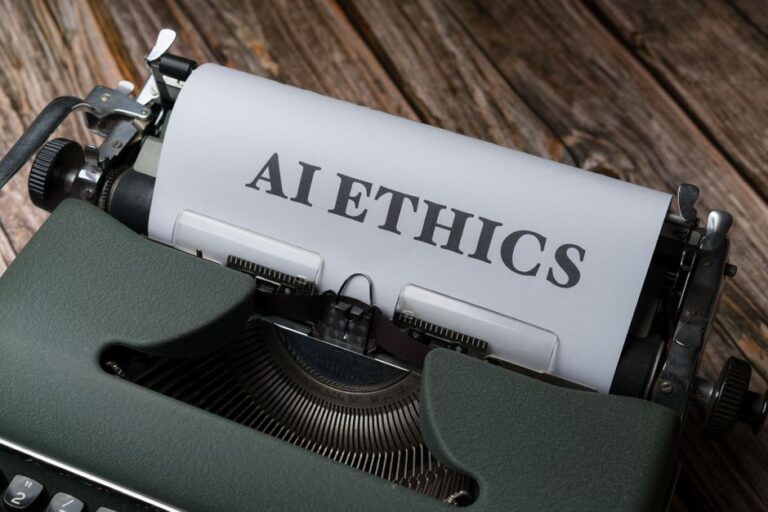 Apple Intelligence : 42 procureurs généraux réclament des garde-fous Retro typewriter with 'AI Ethics' on paper, conveying technology themes.