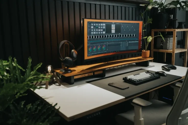 Mac Studio, 49 pouces, trois Stream Decks : le bureau 2025 de William joue sur tous les claviers Sophisticated office workspace with a sleek ultra-wide monitor, keyboard, and plants, perfect for tech enthusiasts.