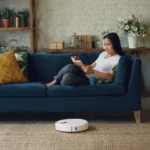 Smart home utile en 2025 : cinq appareils qui évitent l'usine à gaz Woman reading on sofa while a robot vacuum cleans the floor in a cozy living room.
