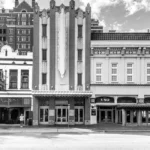 Classic architecture of historic urban buildings in black and white.