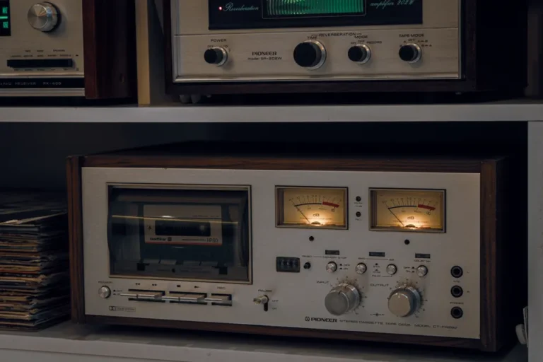 Close-up of a vintage Pioneer stereo cassette tape deck, highlighting retro audio equipment.