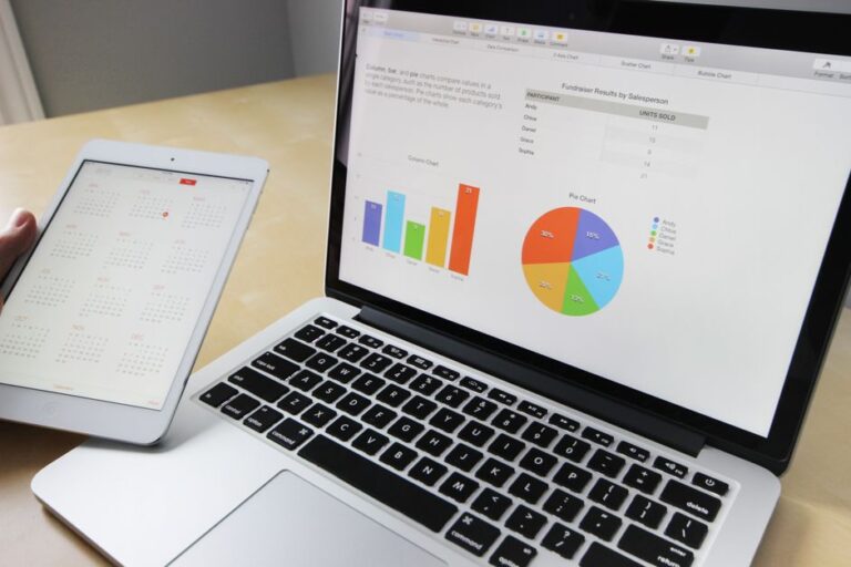 MacBook Pro M5 : 28 janvier 2026, la date qui patine Laptop displaying charts and graphs with tablet calendar for data analysis and planning.