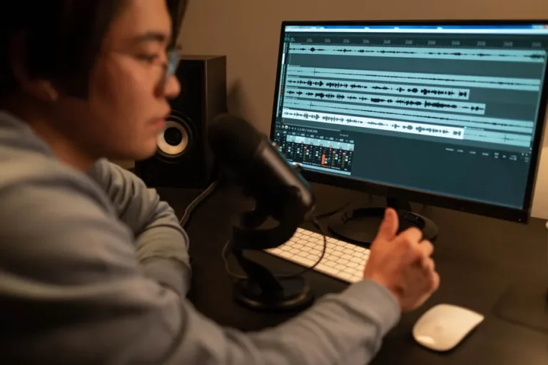 IA musicale : 800 soutiens annoncés, mais qui paie? Sound engineer working on audio editing with a computer in a recording studio.